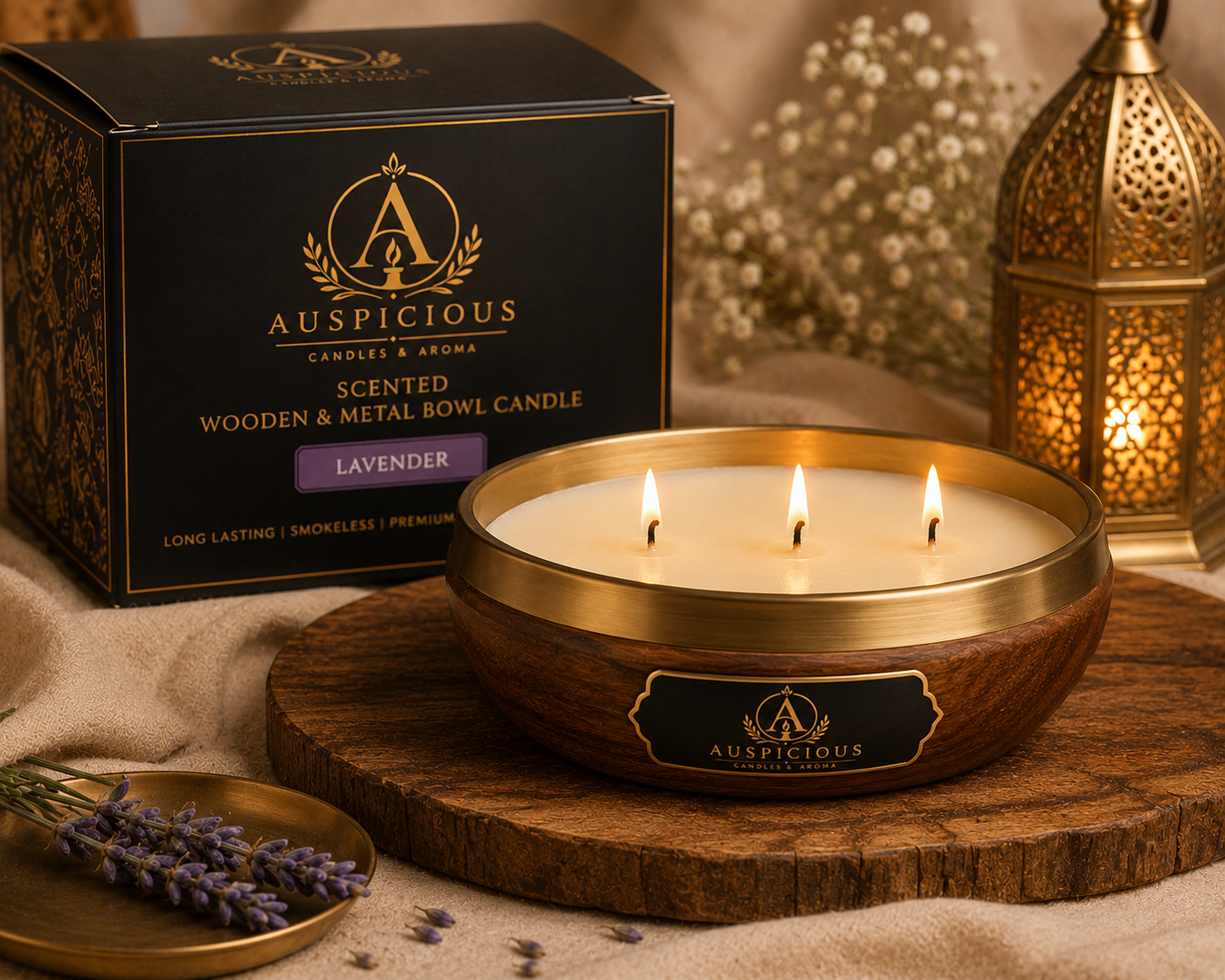 Auspicious Wooden & Metal Bowl Candle