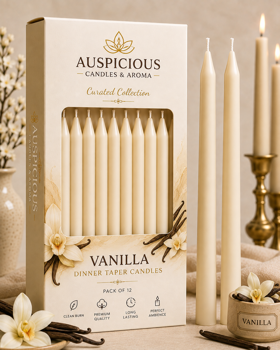 Vanilla Dinner Taper Candles - Pack of 12/6/4