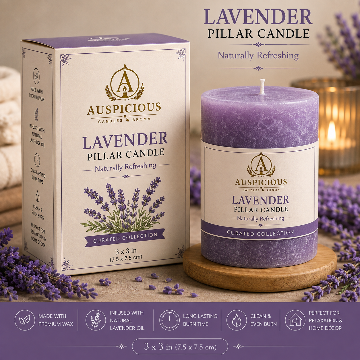 Lavender Pillar Candle 3x3 in