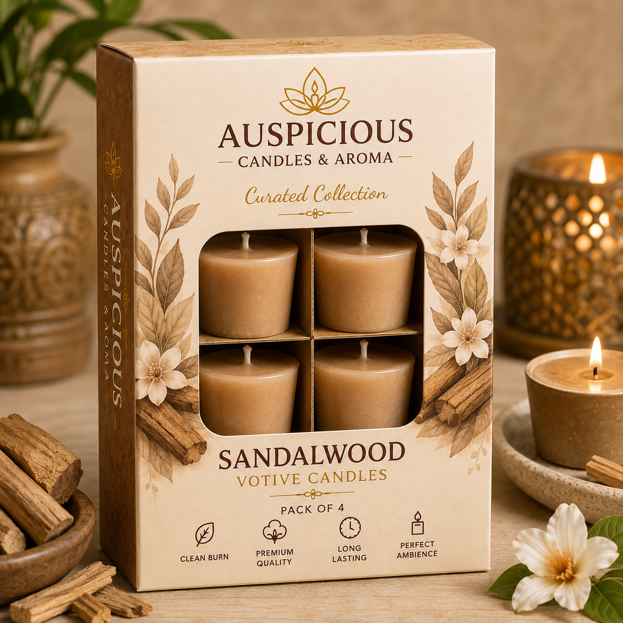 Sandalwood Votive Candles - Pack of 4