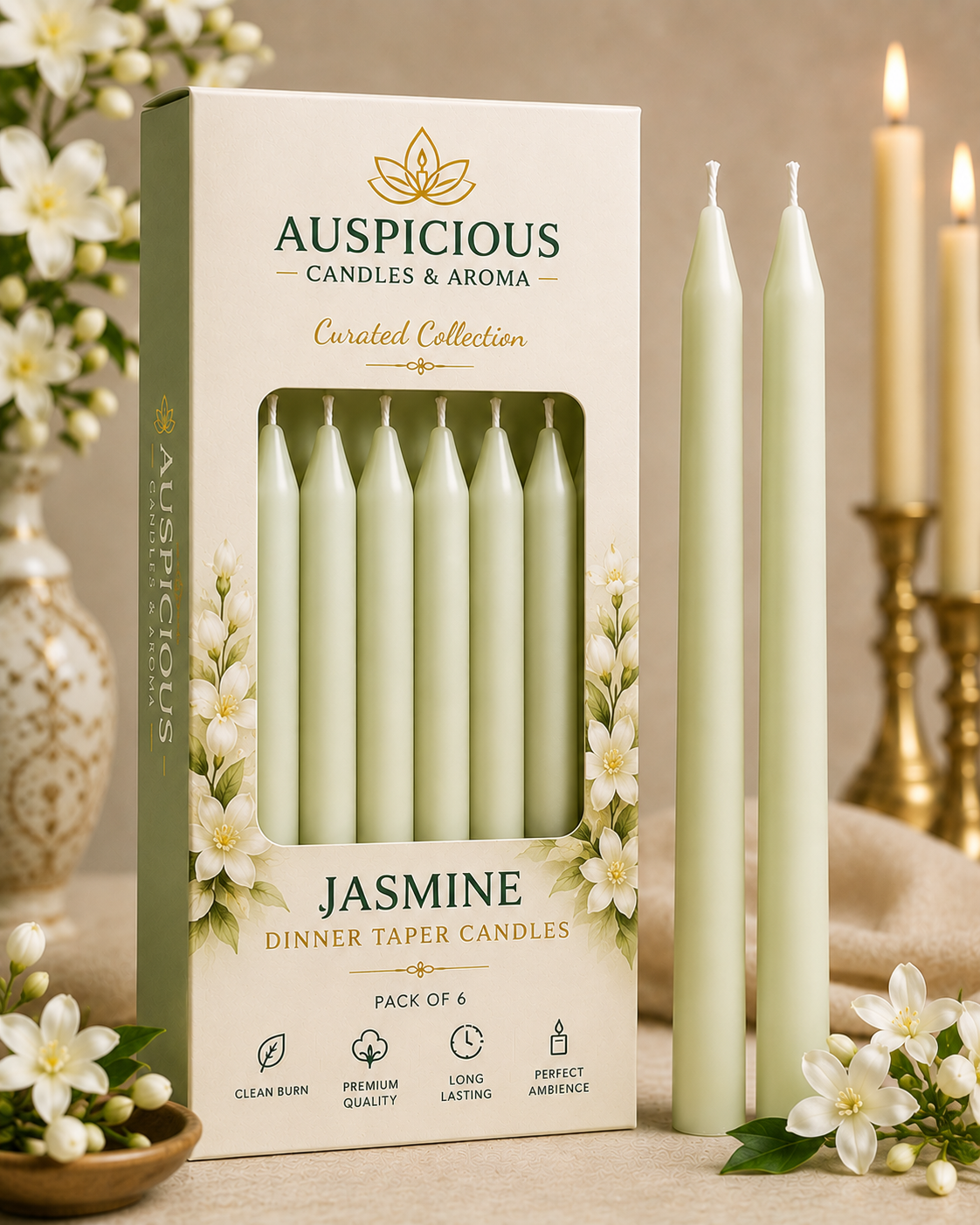 Jasmine Dinner Taper Candles - Pack of 6